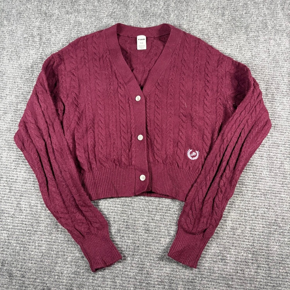 PINK Victoria's Secret Cardigan Women Small Burgundy Excellent Cable Knit Crop